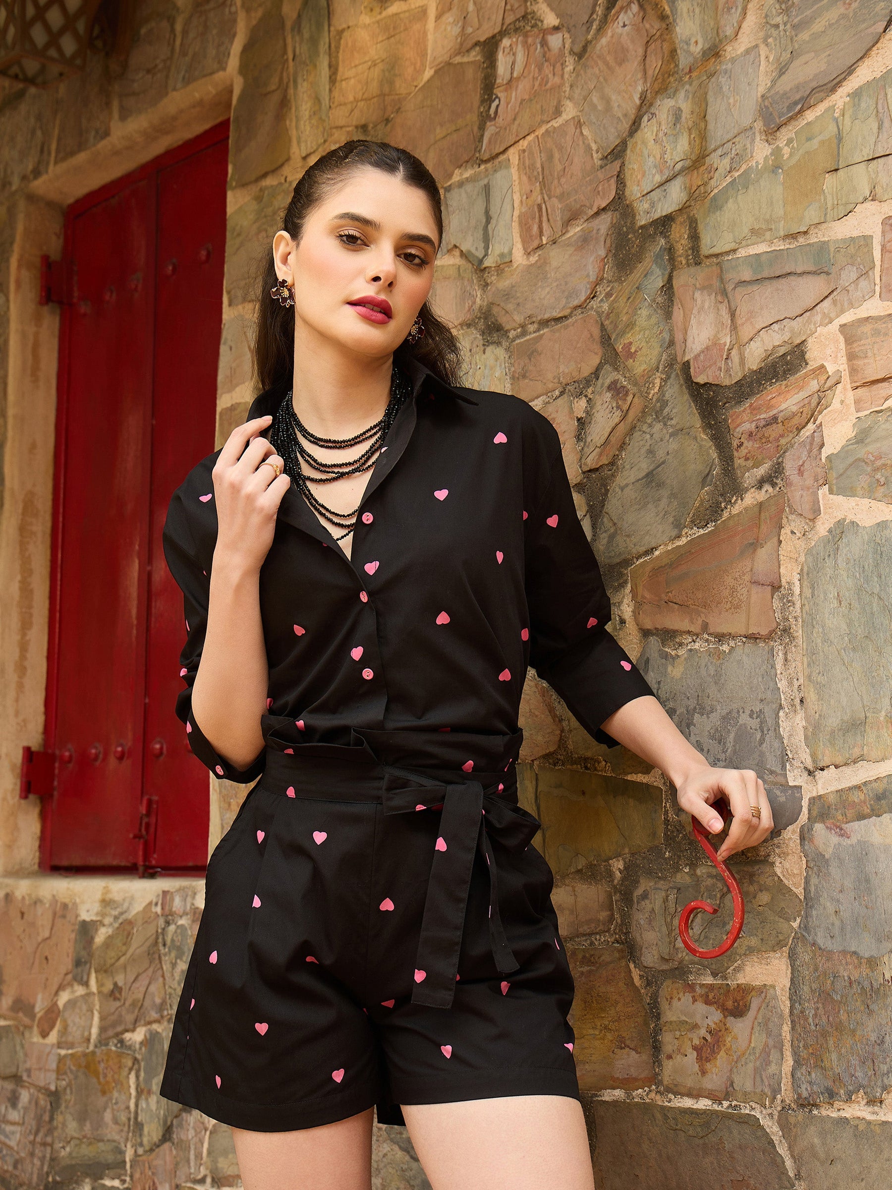 Black & Pink Heart Print Shirt With Paperbag Shorts-Pink Paprika By SASSAFRAS