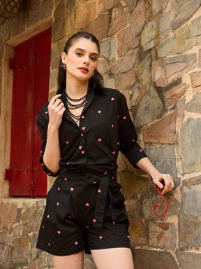 Black & Pink Heart Print Shirt With Paperbag Shorts-Pink Paprika By SASSAFRAS