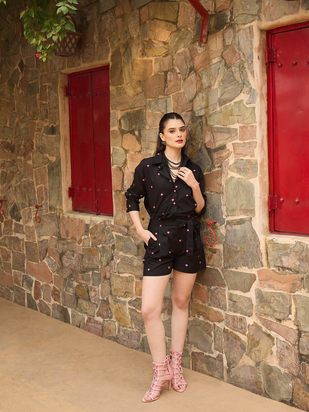 Black & Pink Heart Print Shirt With Paperbag Shorts-Pink Paprika By SASSAFRAS