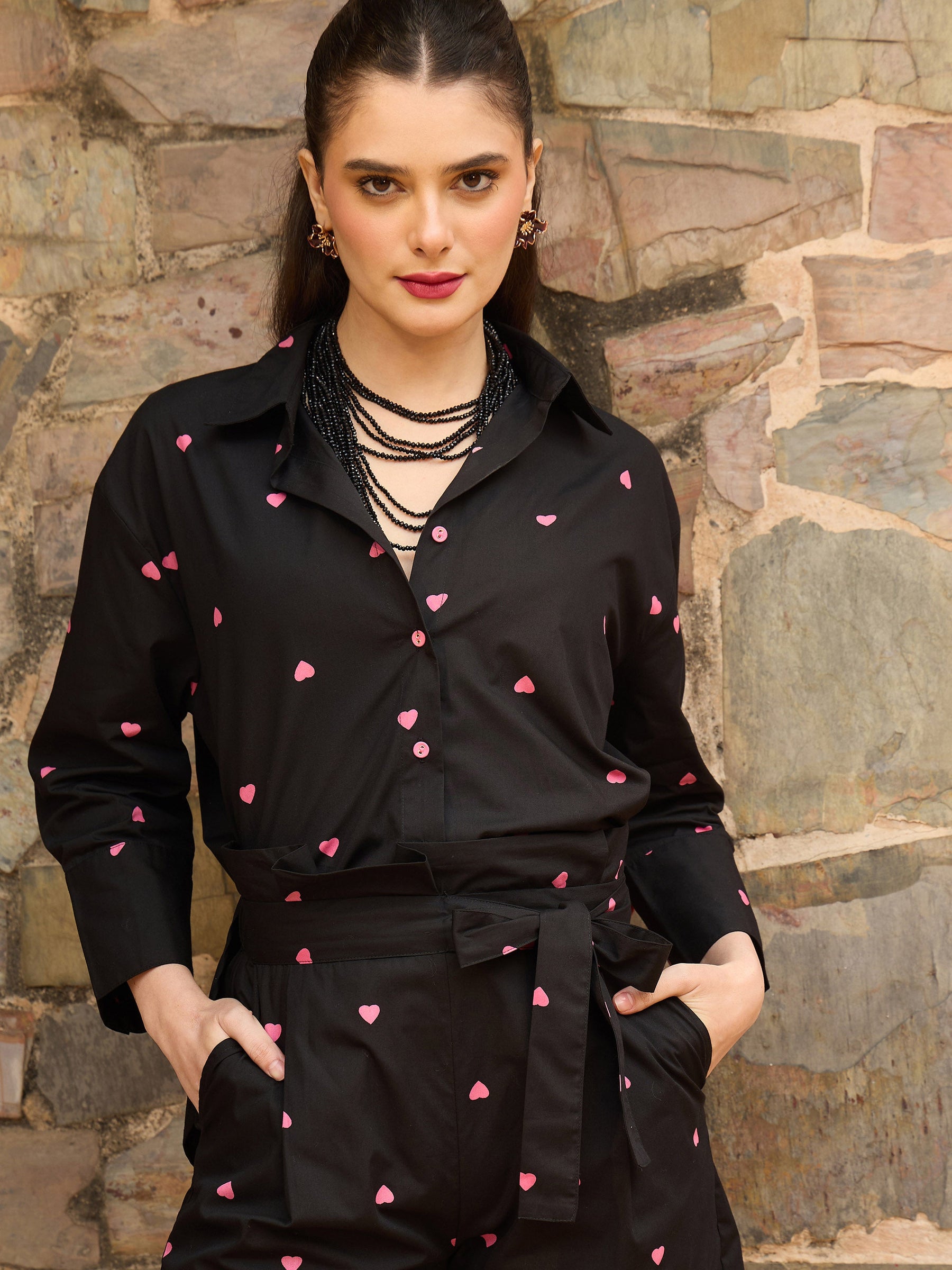Black & Pink Heart Print Shirt With Paperbag Shorts-Pink Paprika By SASSAFRAS
