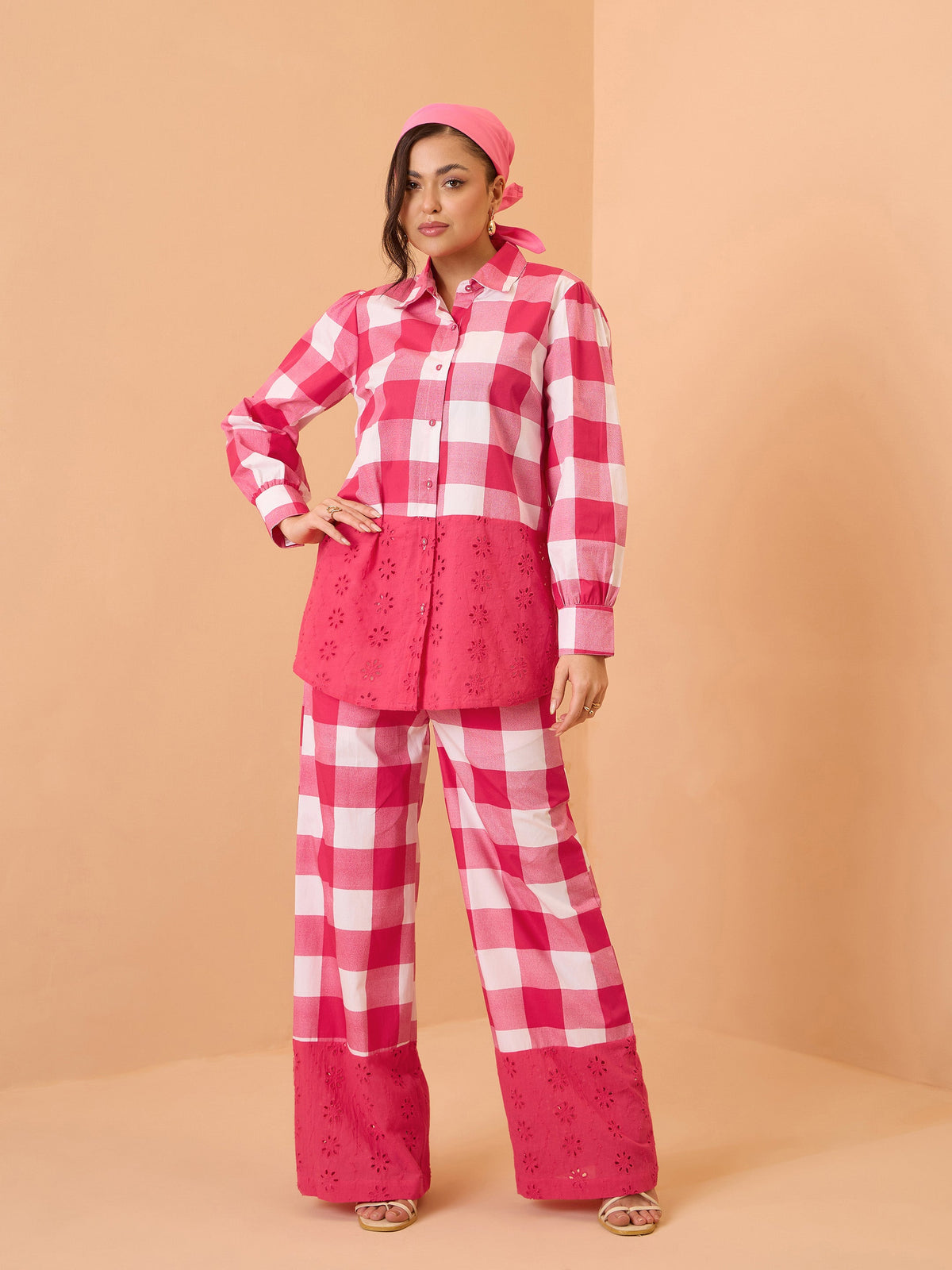 Pink Big Check Schiffli Shirt With Wide Pants-Pink Paprika By SASSAFRAS
