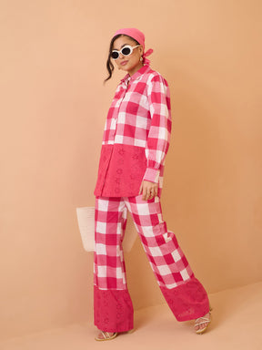 Pink Big Check Schiffli Shirt With Wide Pants-Pink Paprika By SASSAFRAS