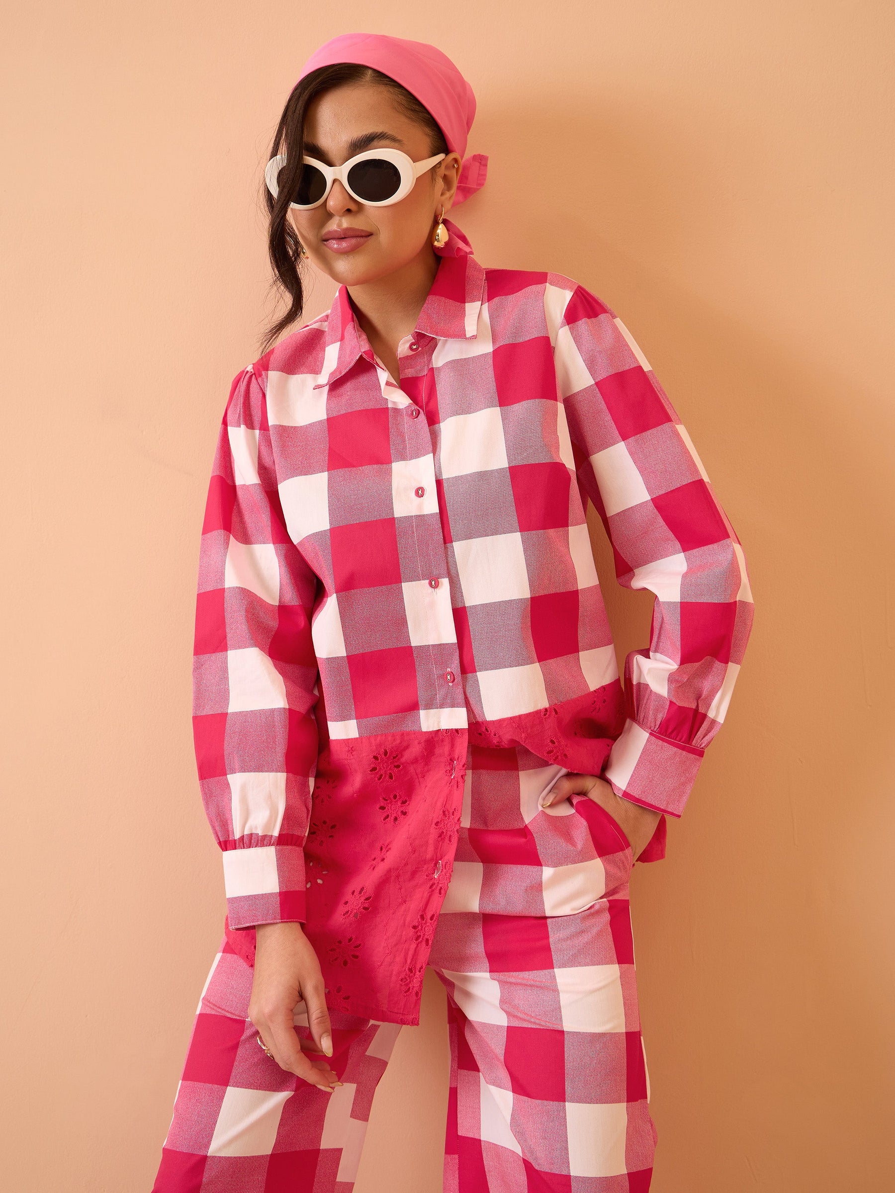 Pink Big Check Schiffli Shirt With Wide Pants-Pink Paprika By SASSAFRAS