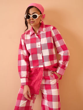 Pink Big Check Schiffli Shirt With Wide Pants-Pink Paprika By SASSAFRAS