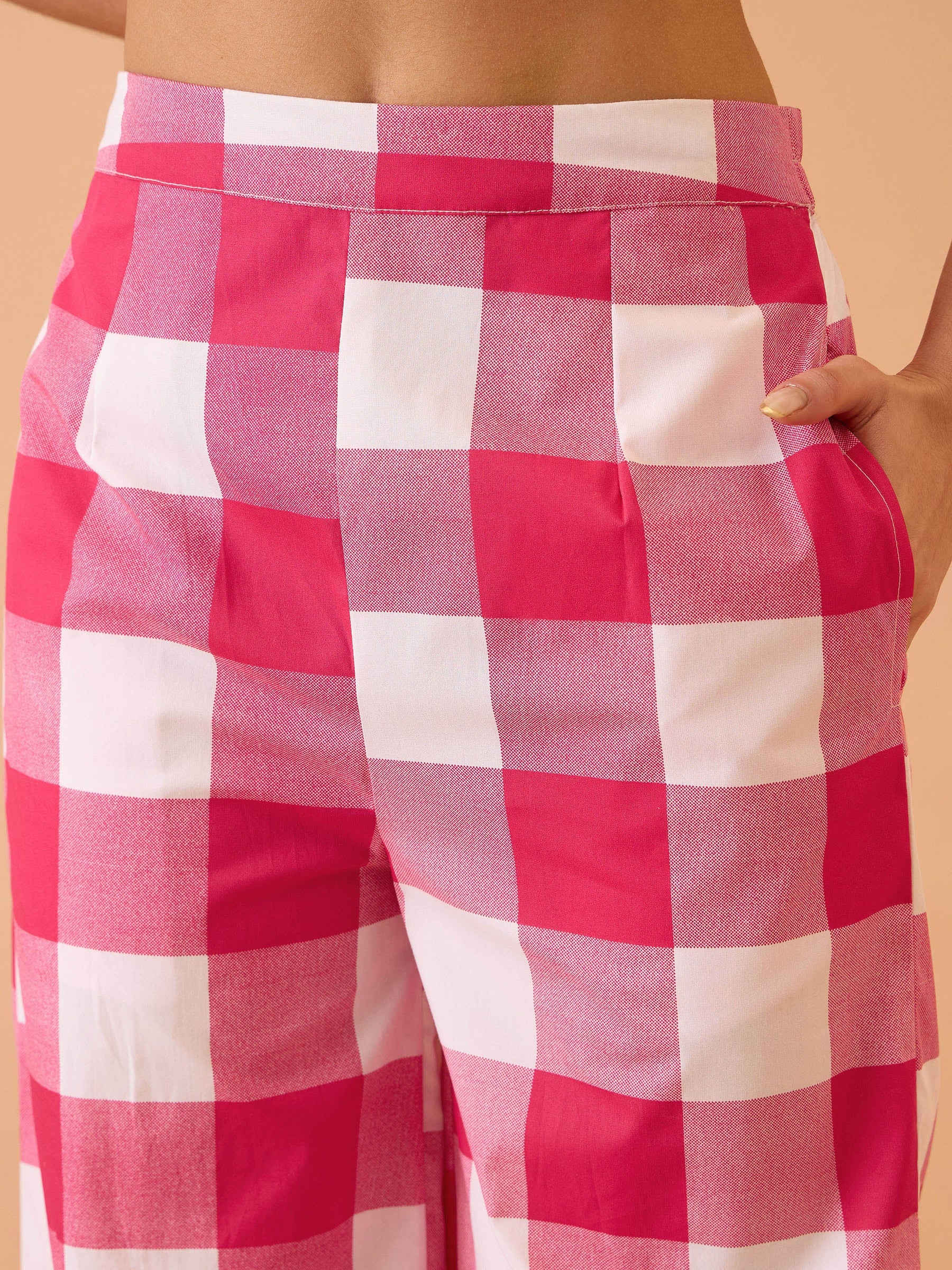 Pink Big Check Schiffli Shirt With Wide Pants-Pink Paprika By SASSAFRAS