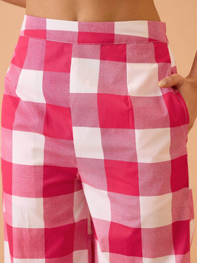 Pink Big Check Schiffli Shirt With Wide Pants-Pink Paprika By SASSAFRAS