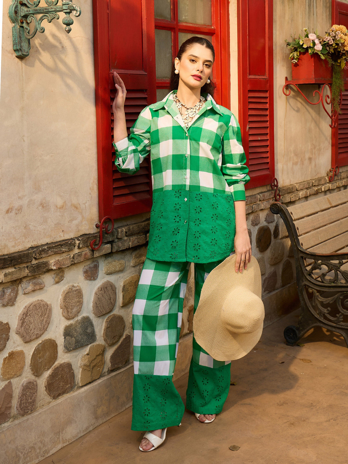 Green Big Check Schiffli Shirt With Wide Pants-Pink Paprika By SASSAFRAS