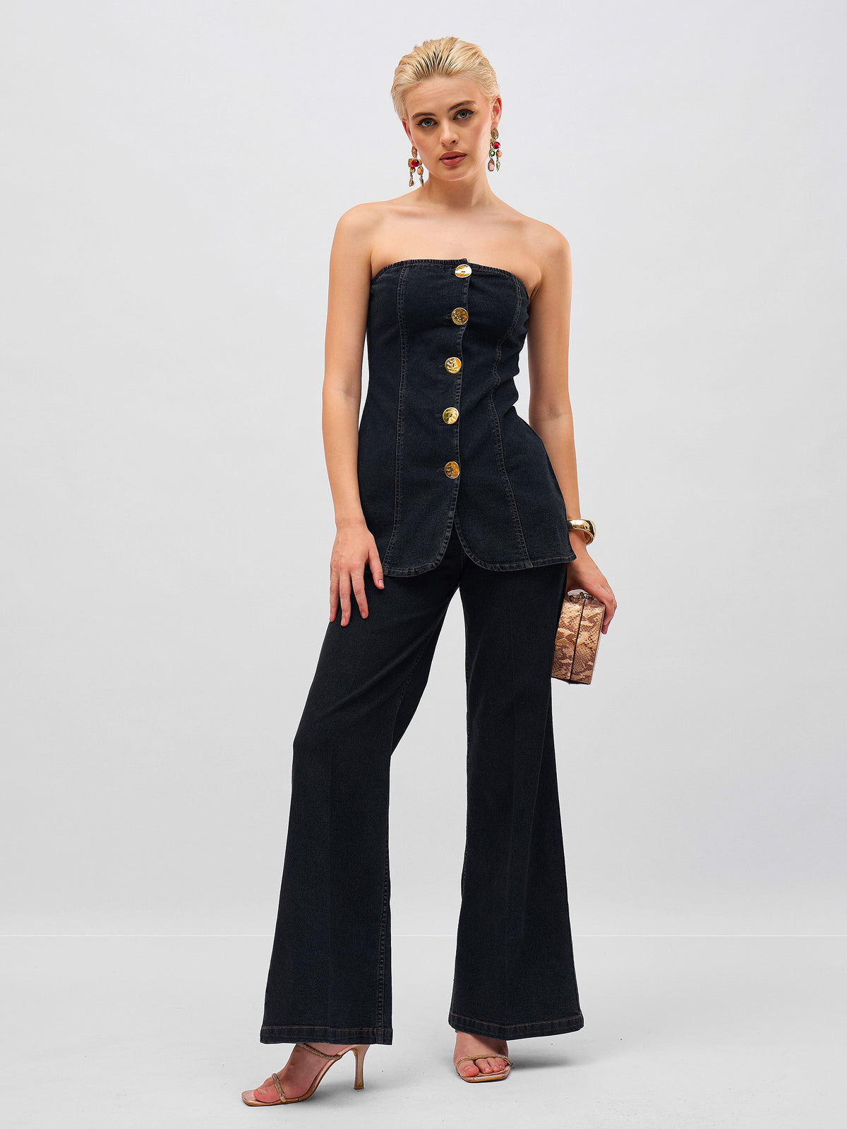 Black Denim Button Down Tube Top With Straight Jeans-SASSAFRAS
