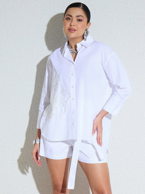 White Poplin Embellished Shirt With Paper Bag Shorts-SASSAFRAS