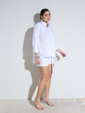 White Poplin Embellished Shirt With Paper Bag Shorts-SASSAFRAS