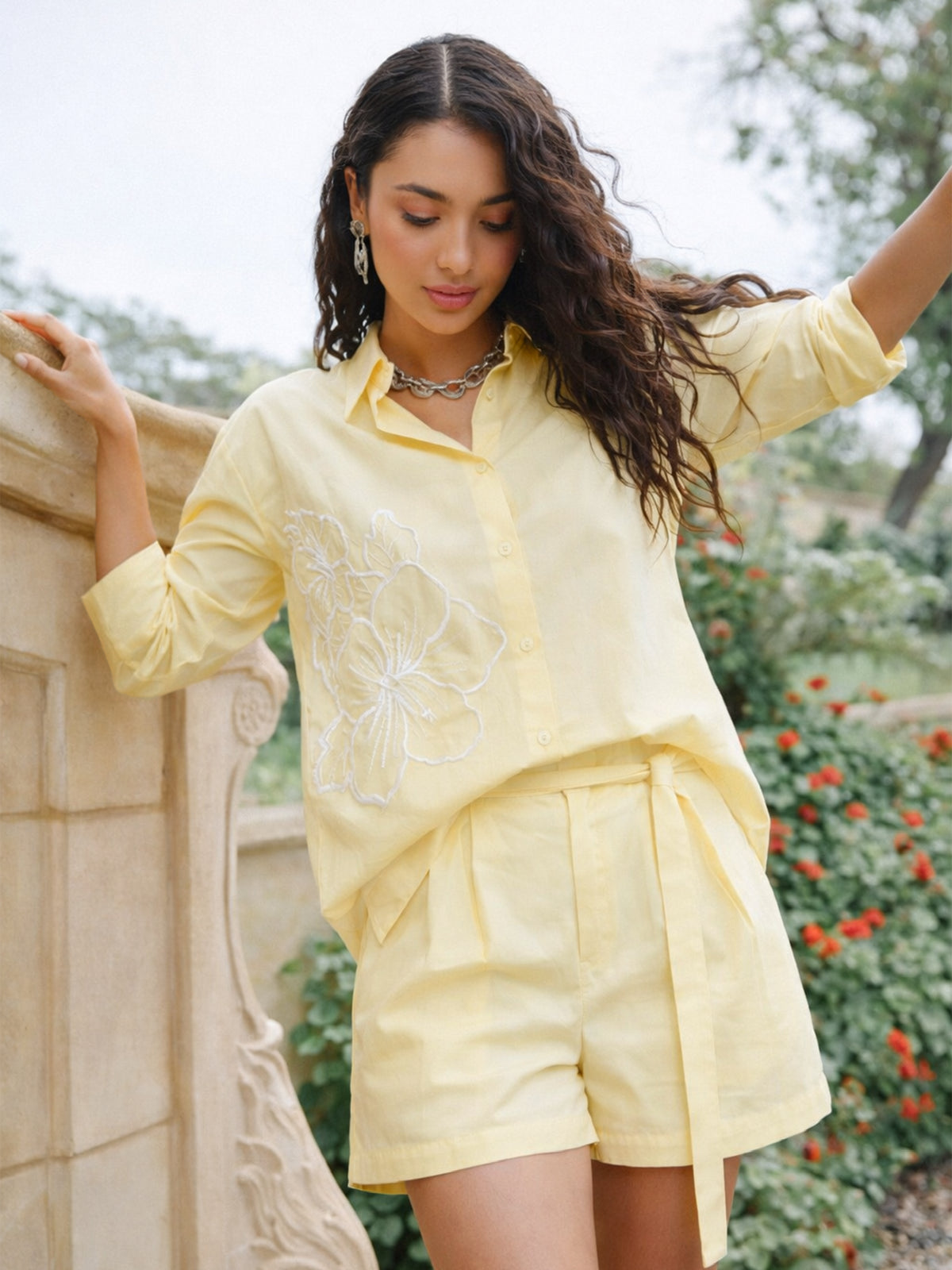Women Yellow Poplin Embellished Shirt With Paper Bag Shorts