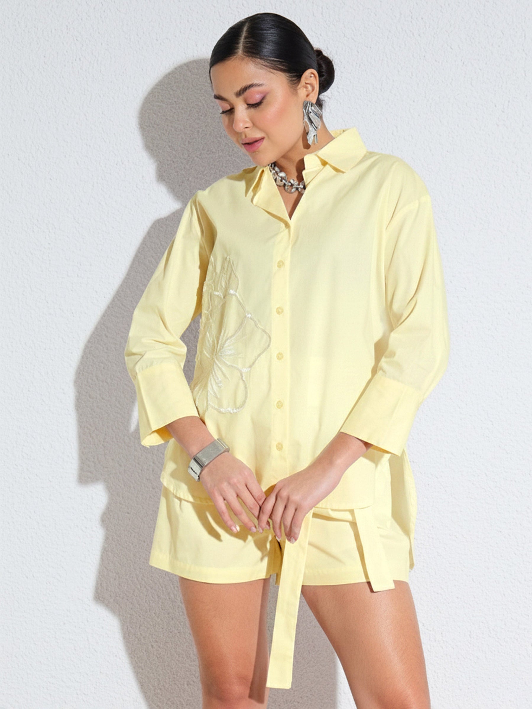 Yellow Poplin Embellished Shirt With Paper Bag Shorts-SASSAFRAS
