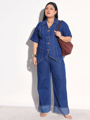 Navy Denim Collar Top With Bottom Fold Jeans-SASSAFRAS Curve