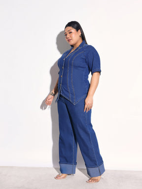 Navy Denim Collar Top With Bottom Fold Jeans-SASSAFRAS Curve