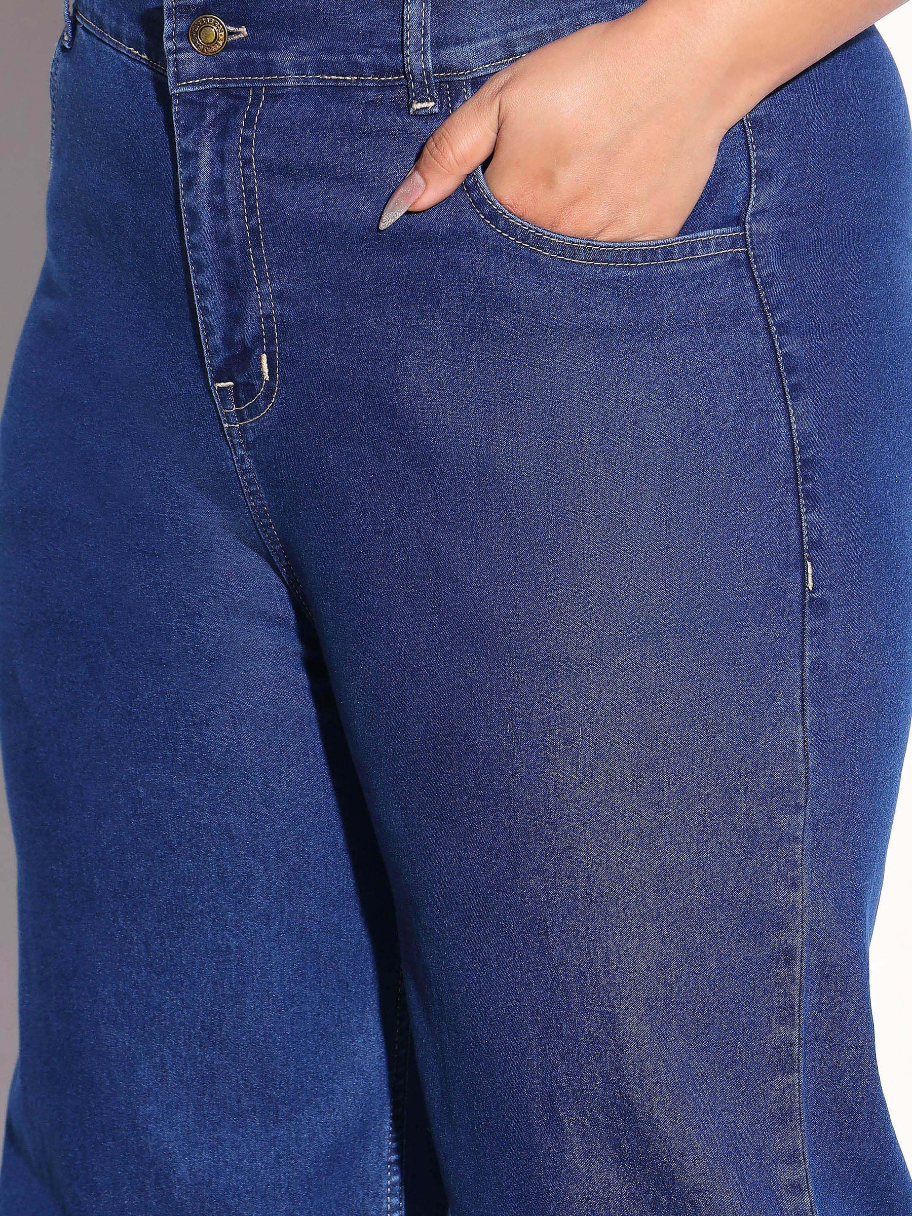 Navy Denim Collar Top With Bottom Fold Jeans-SASSAFRAS Curve