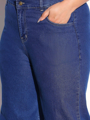 Navy Denim Collar Top With Bottom Fold Jeans-SASSAFRAS Curve