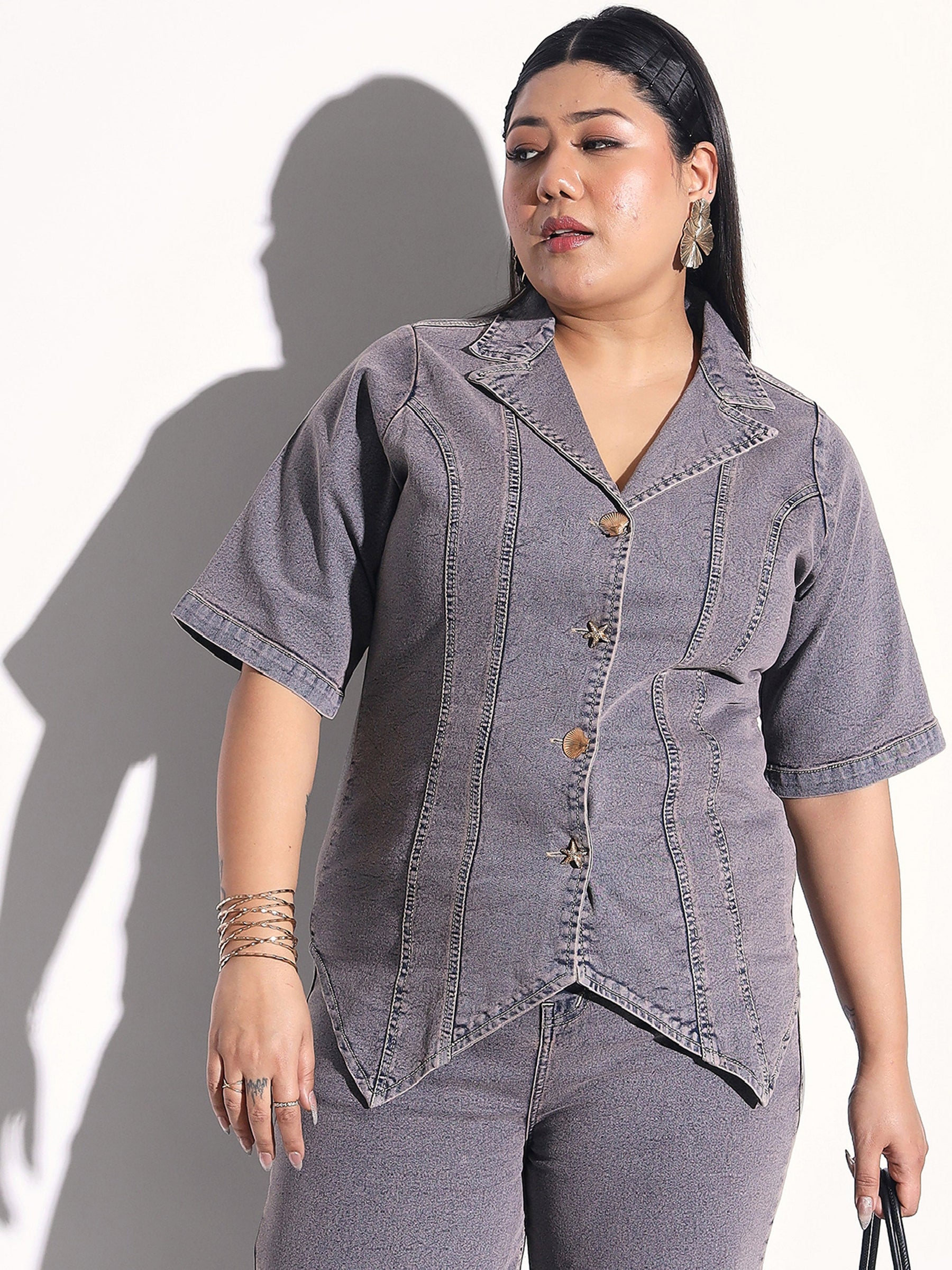 Grey Wash Denim Collar Top With Bottom Fold Jeans-SASSAFRAS Curve