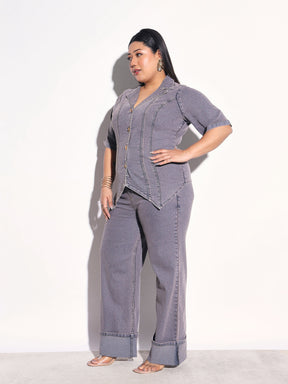 Grey Wash Denim Collar Top With Bottom Fold Jeans-SASSAFRAS Curve