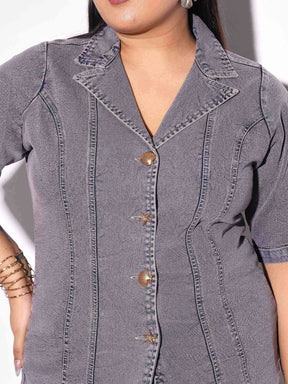 Grey Wash Denim Collar Top With Bottom Fold Jeans-SASSAFRAS Curve