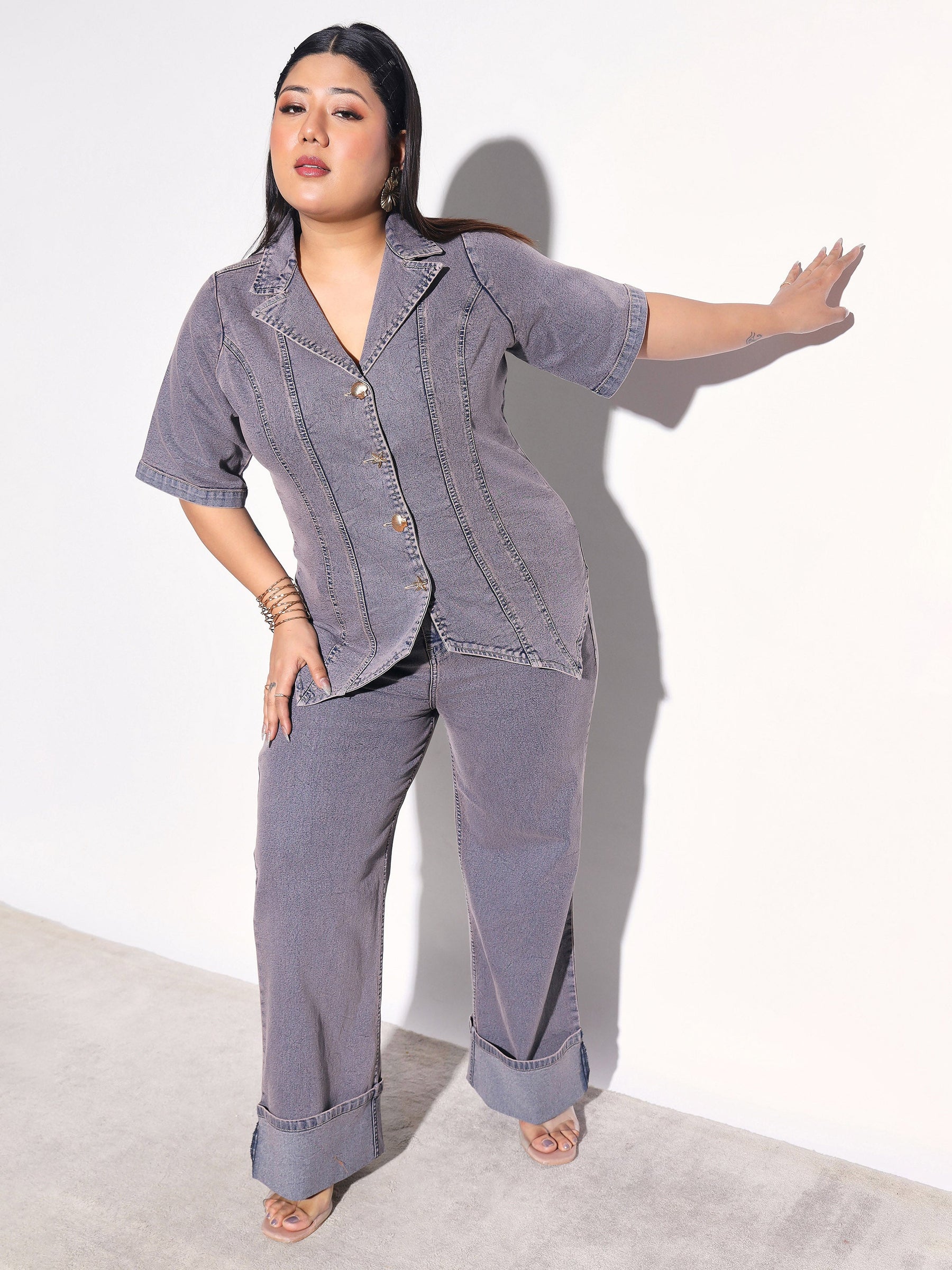 Grey Wash Denim Collar Top With Bottom Fold Jeans-SASSAFRAS Curve