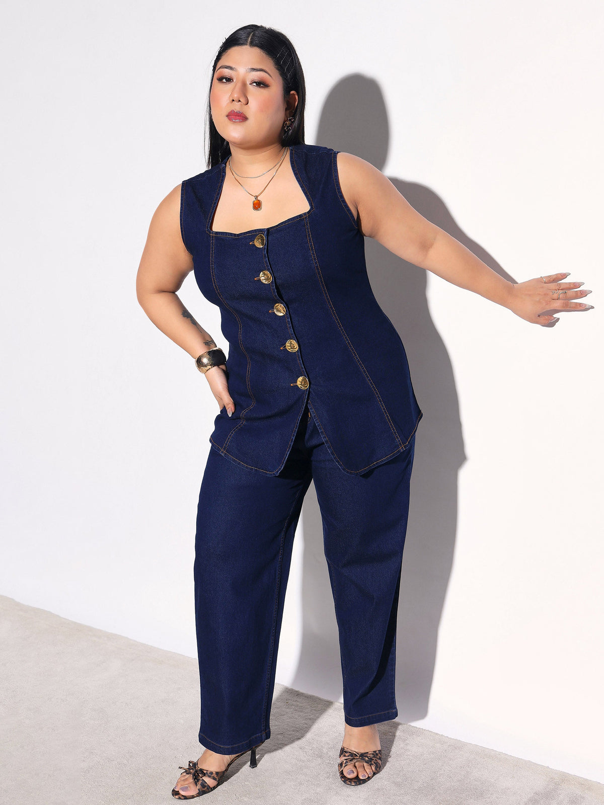 Navy Denim Sleeveless Top With Mom Fit Jeans -SASSAFRAS Curve