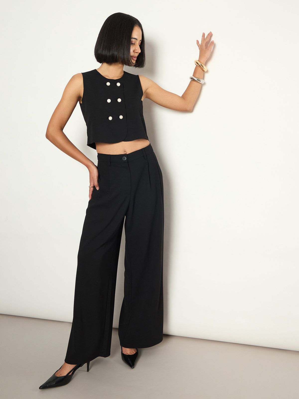 Black Double Breasted Crop Top With Straight Pants-SASSAFRAS
