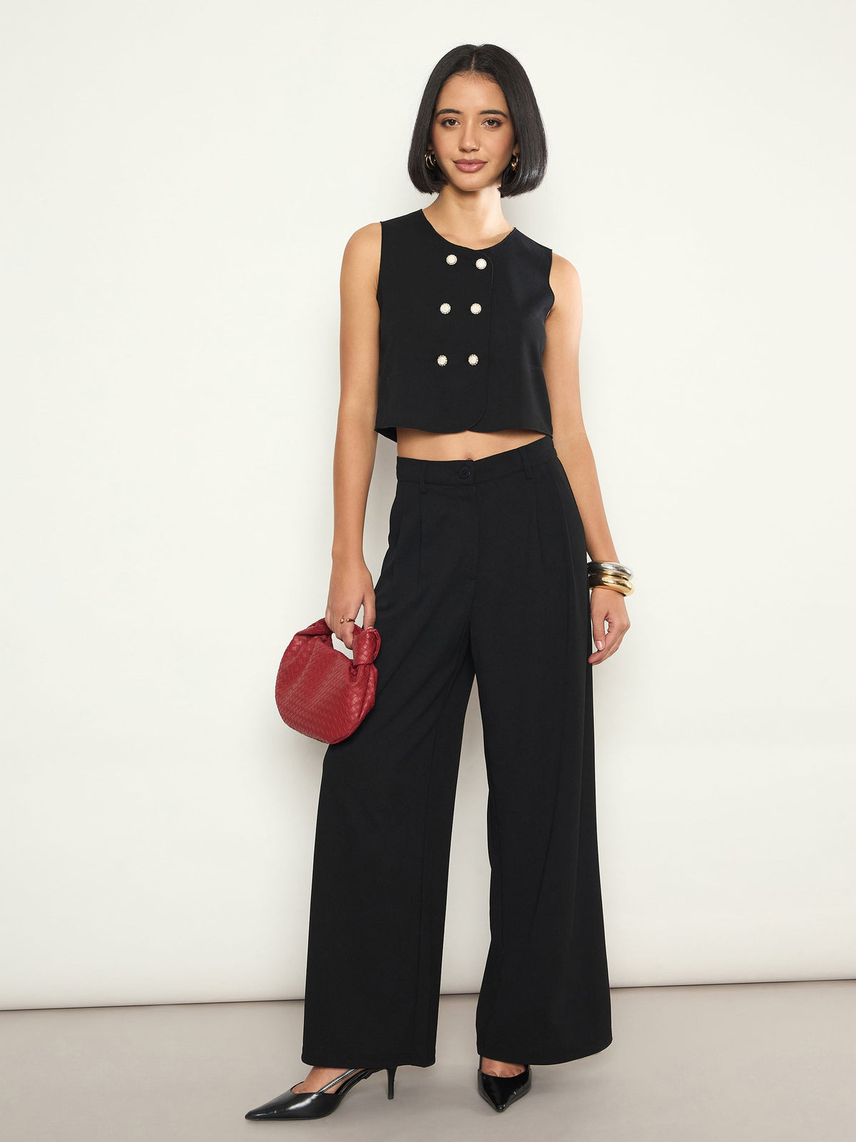 Black Double Breasted Crop Top With Straight Pants-SASSAFRAS