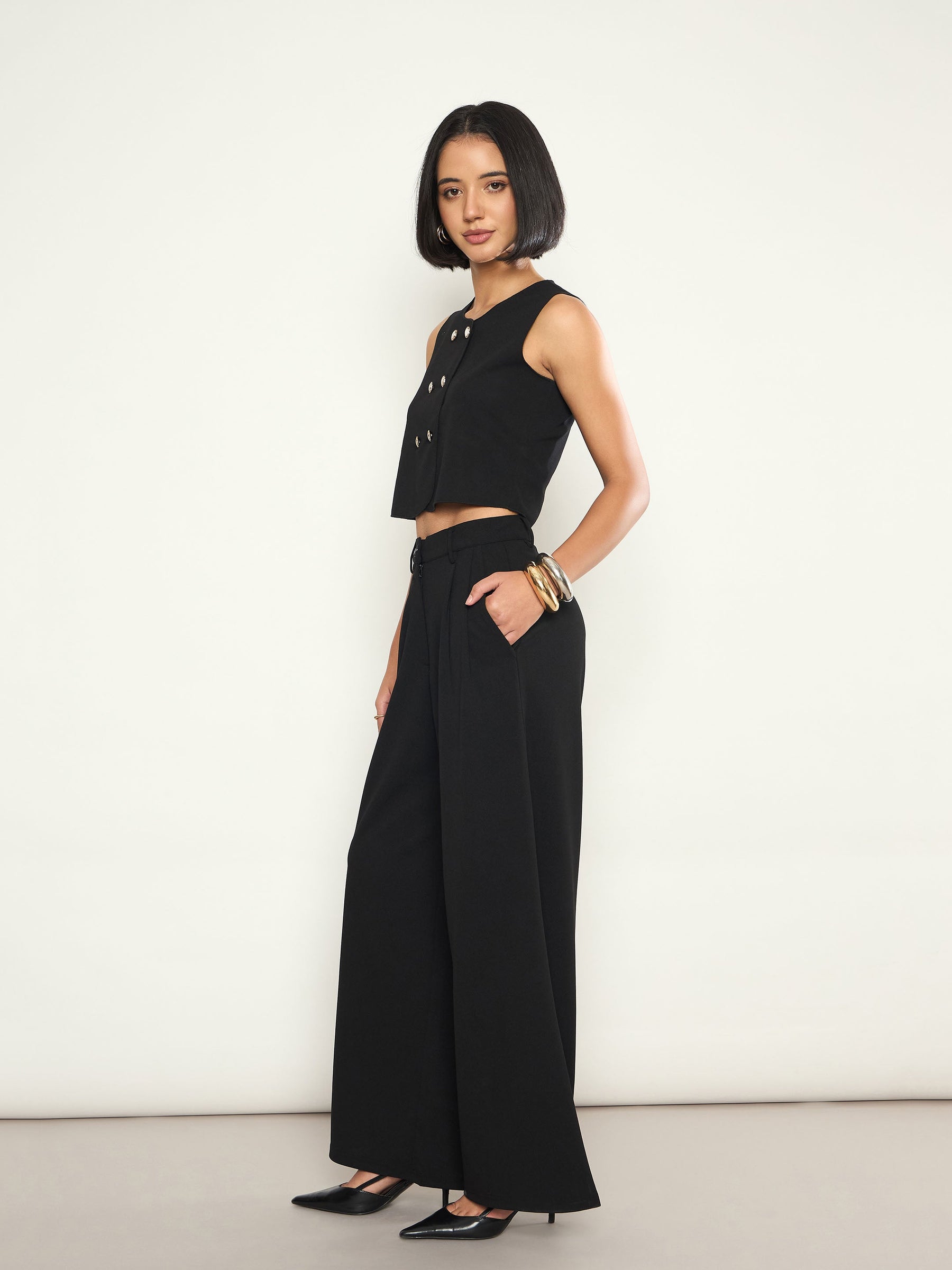 Black Double Breasted Crop Top With Straight Pants-SASSAFRAS
