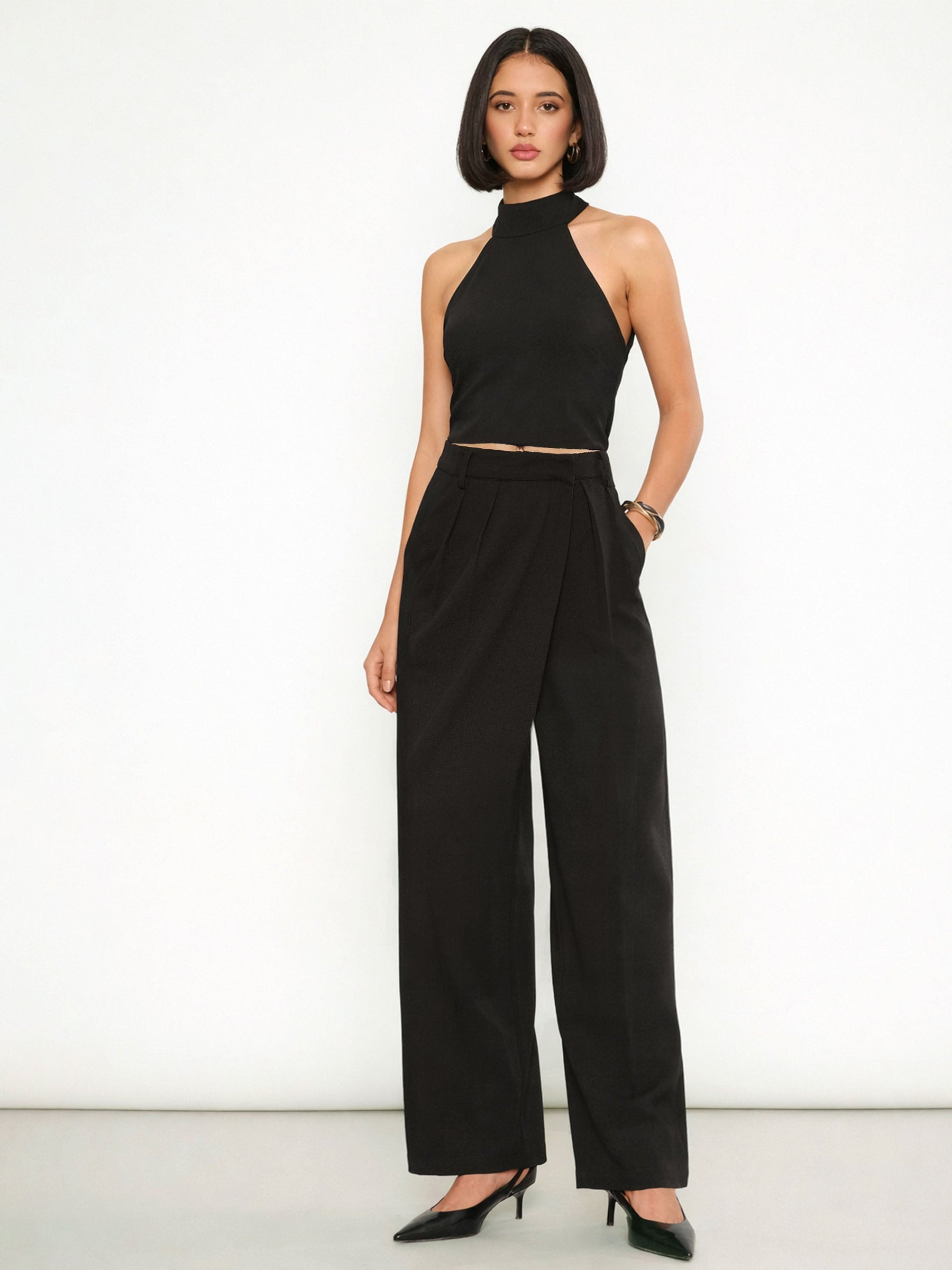 Black Halter Neck Top With Wrap Straight Pants-SASSAFRAS