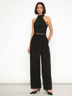 Black Halter Neck Top With Wrap Straight Pants-SASSAFRAS