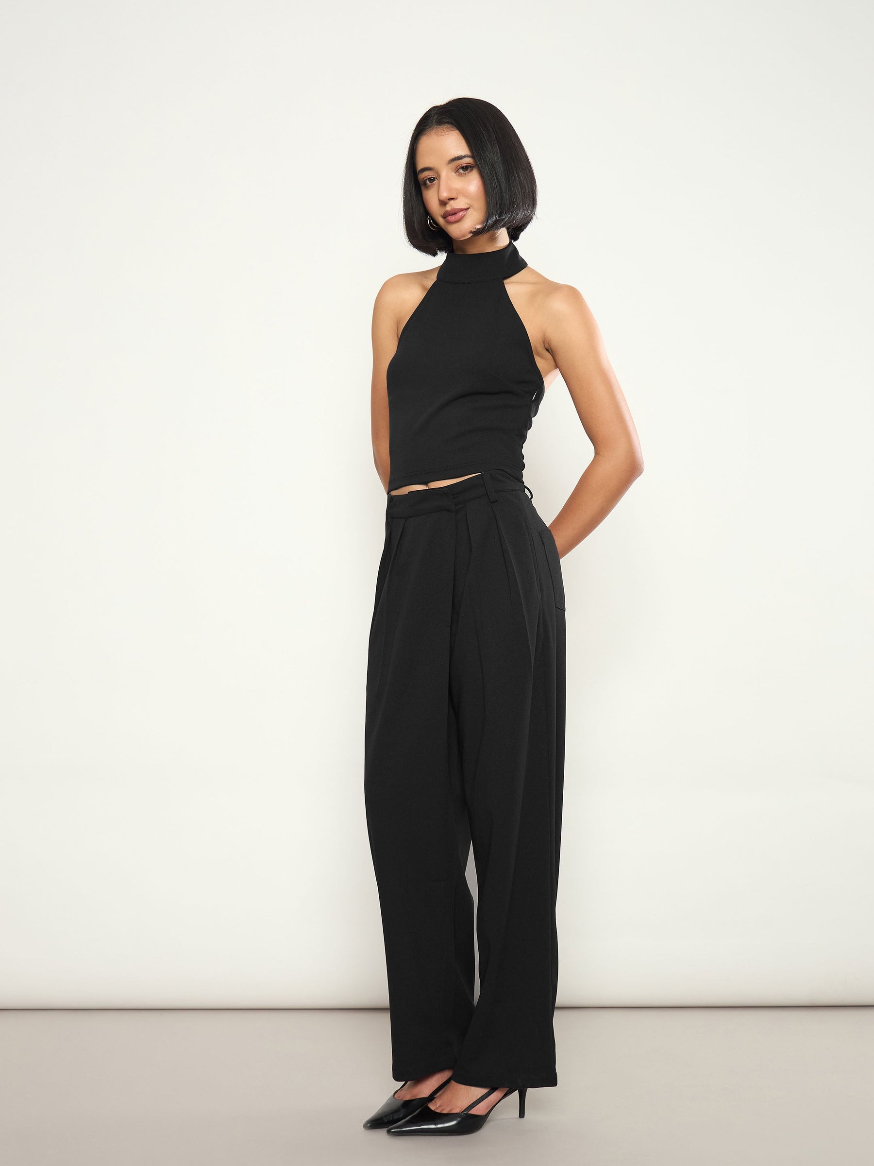 Black Halter Neck Top With Wrap Straight Pants-SASSAFRAS