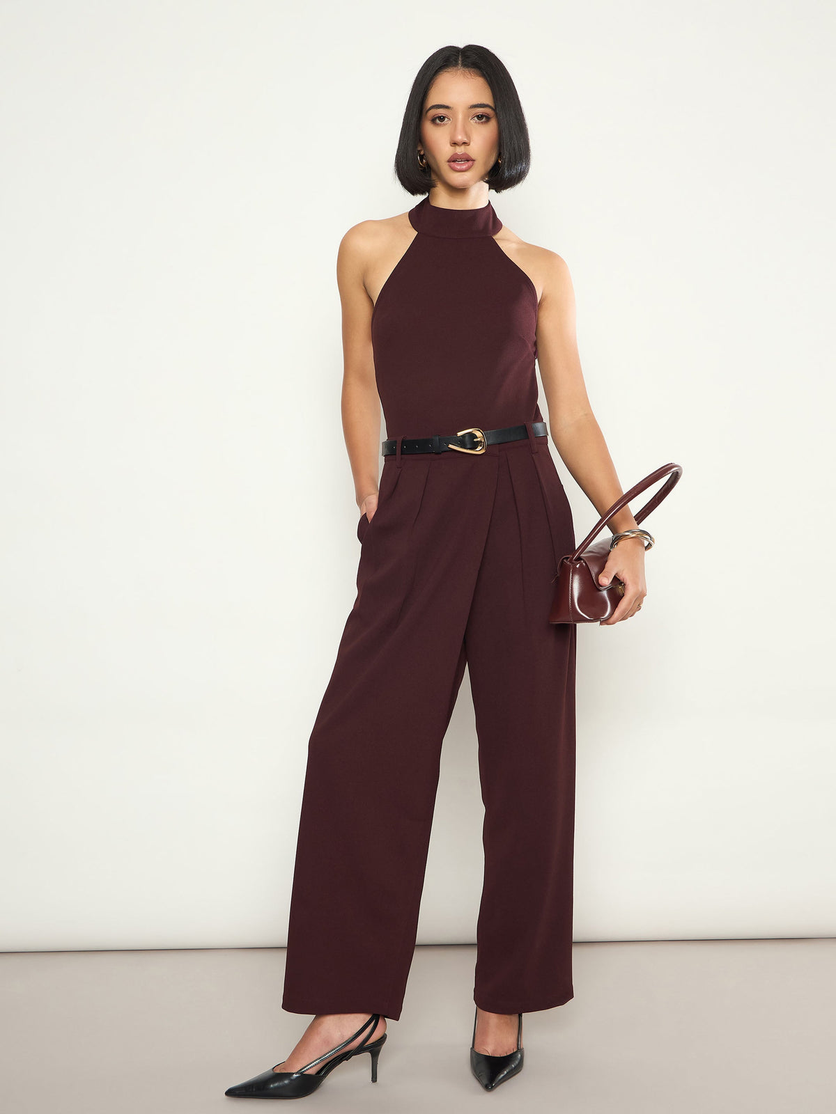 Burgundy Halter Neck Top With Wrap Straight Pants-SASSAFRAS