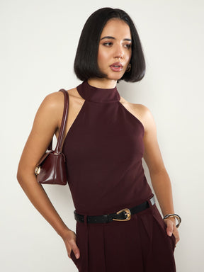 Burgundy Halter Neck Top With Wrap Straight Pants-SASSAFRAS