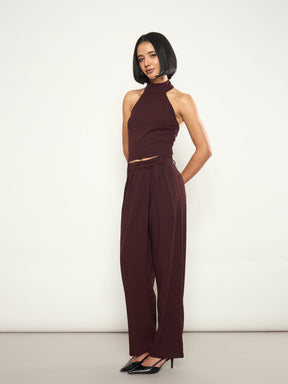 Burgundy Halter Neck Top With Wrap Straight Pants-SASSAFRAS