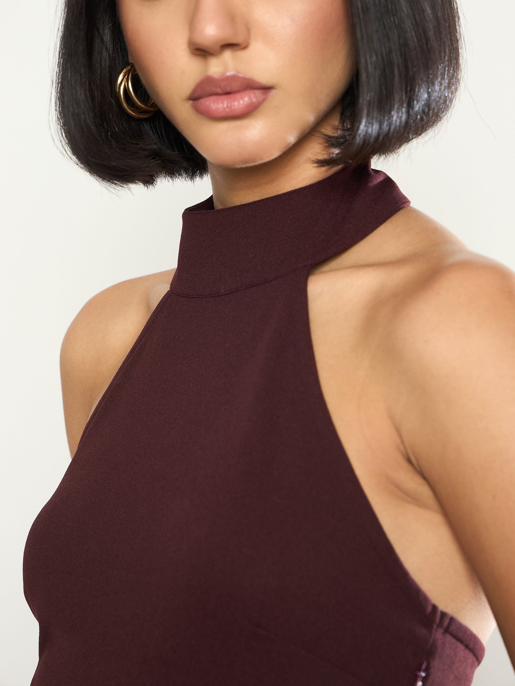 Burgundy Halter Neck Top With Wrap Straight Pants-SASSAFRAS