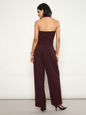 Women Burgundy Halter Neck Top With Wrap Straight Pants