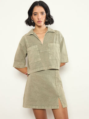 Olive Overdyed Patch Pocket Crop Top With Skorts-SASSAFRAS