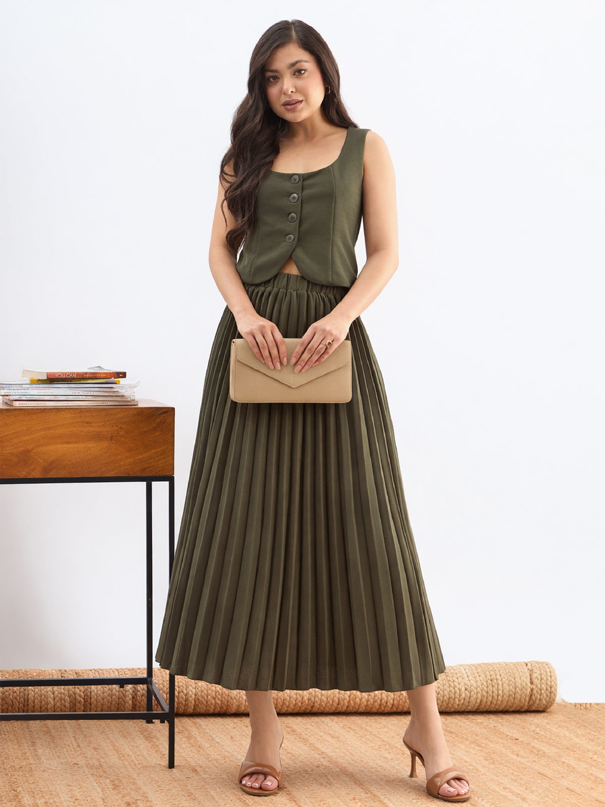 Olive Sleeveless Waistcoat With Midi Skirt-SASSAFRAS worklyf