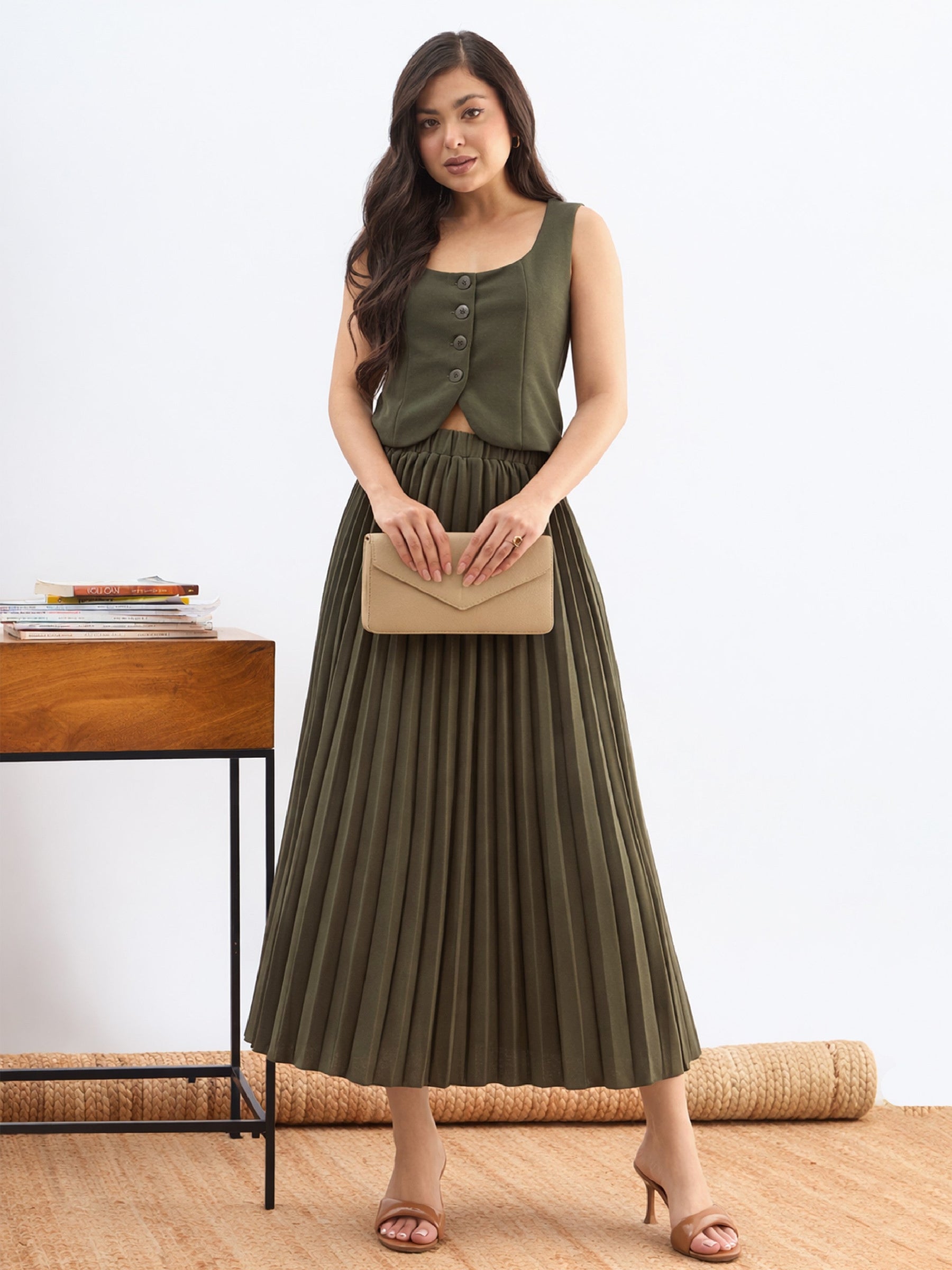 Olive Sleeveless Waistcoat With Midi Skirt-SASSAFRAS worklyf