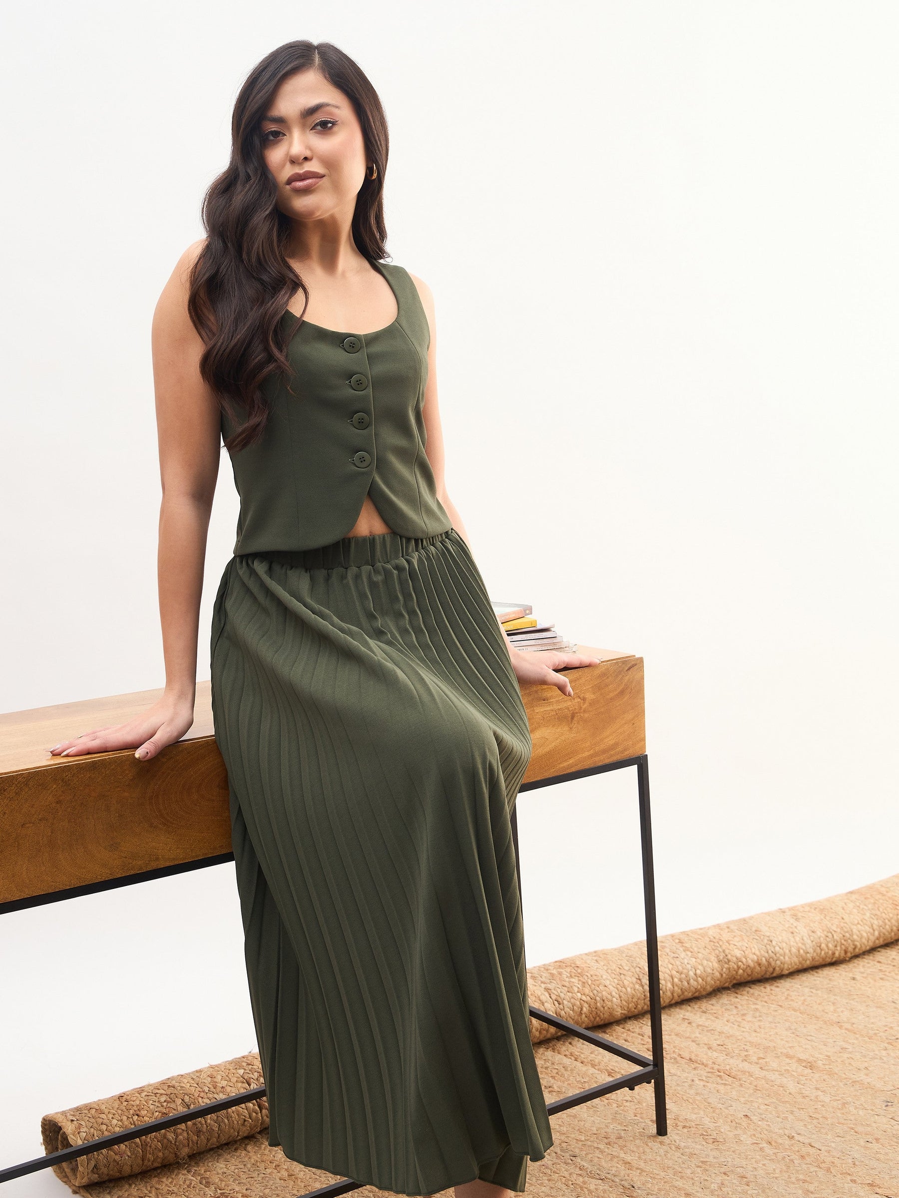Olive Sleeveless Waistcoat With Midi Skirt-SASSAFRAS worklyf