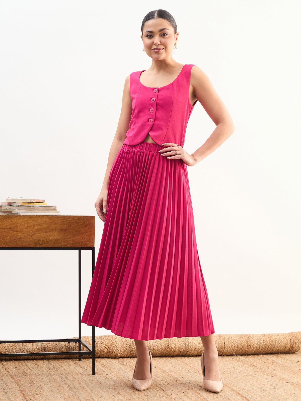 Fuchsia Sleeveless Waistcoat With Midi Skirt-SASSAFRAS worklyf