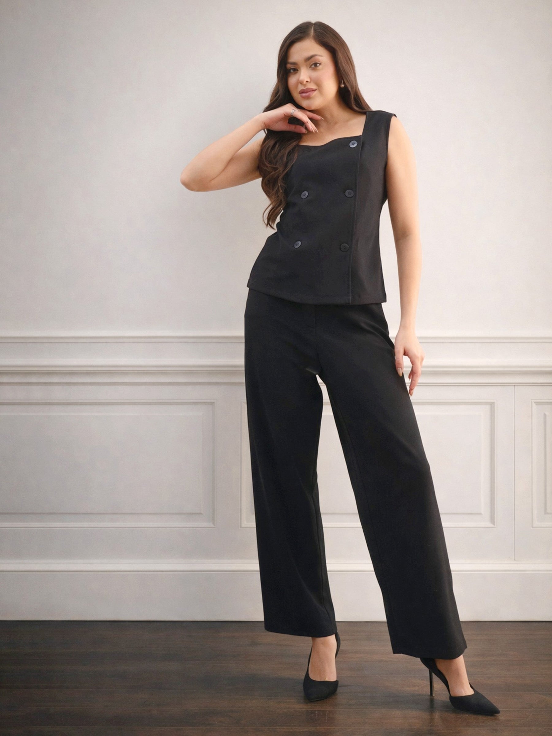 Black Sleeveless Button Top With Straight Pants-SASSAFRAS worklyf