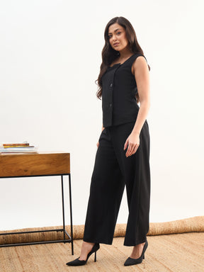 Black Sleeveless Button Top With Straight Pants-SASSAFRAS worklyf