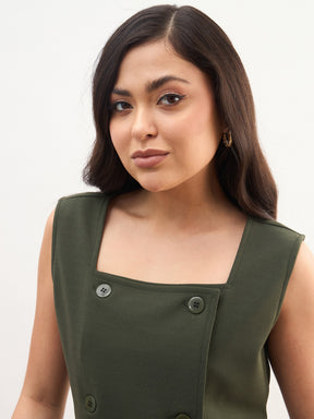 Olive Sleeveless Button Top With Straight Pants-SASSAFRAS worklyf