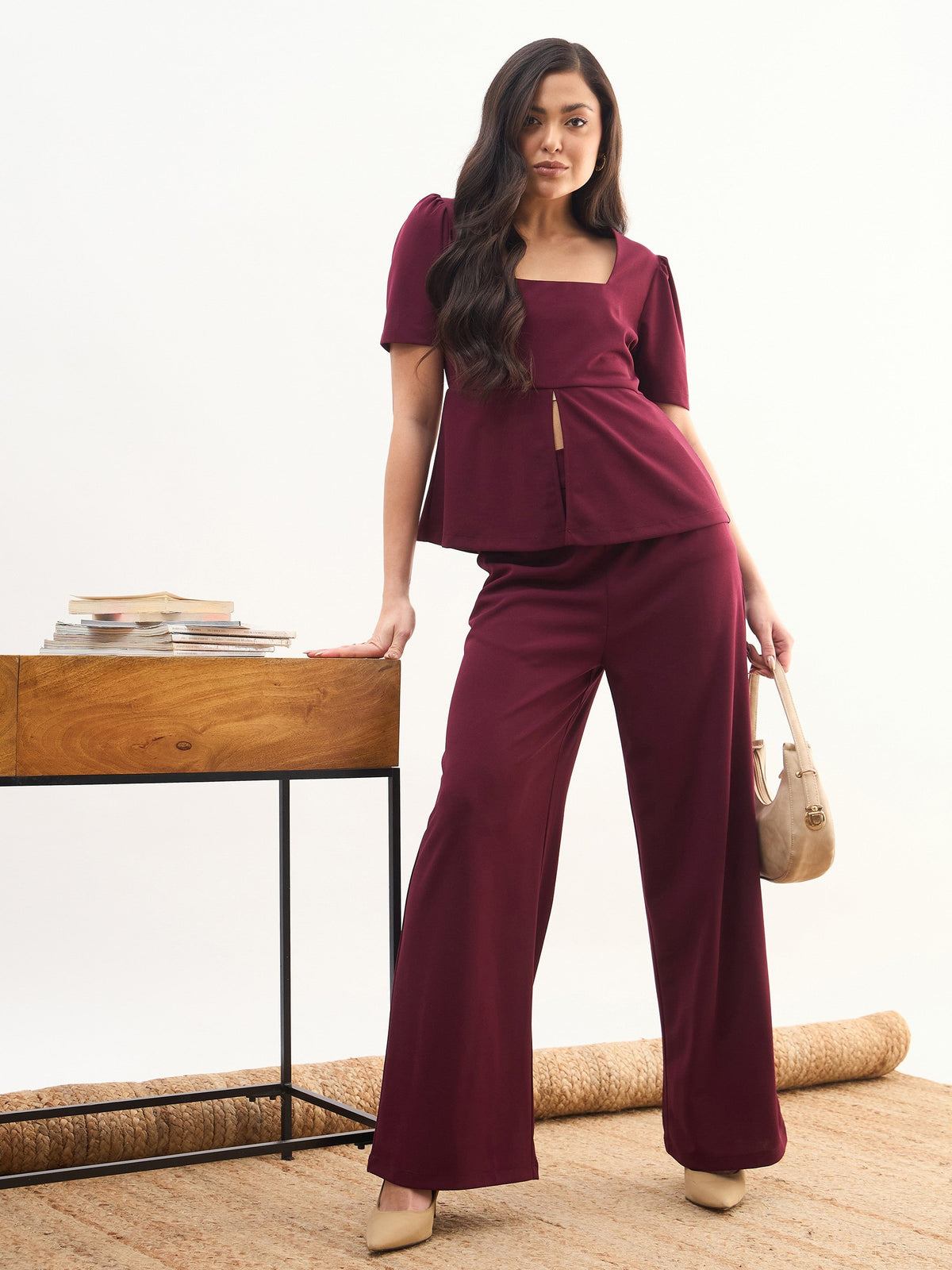 Maroon Front Slit Top With Straight Pants-SASSAFRAS worklyf