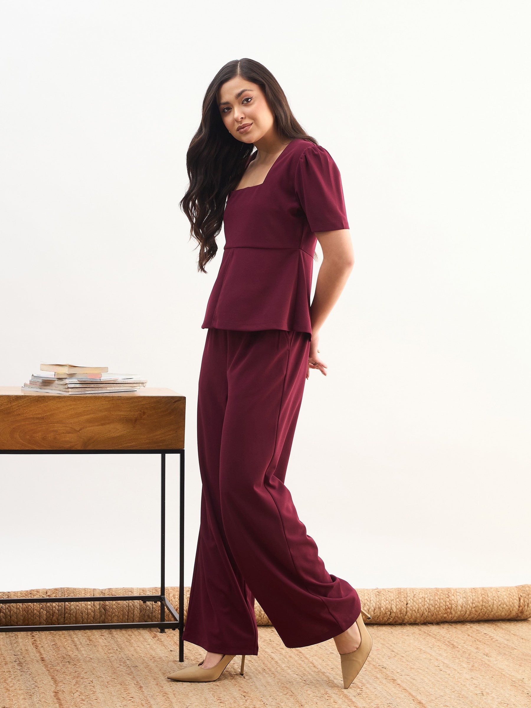 Maroon Front Slit Top With Straight Pants-SASSAFRAS worklyf