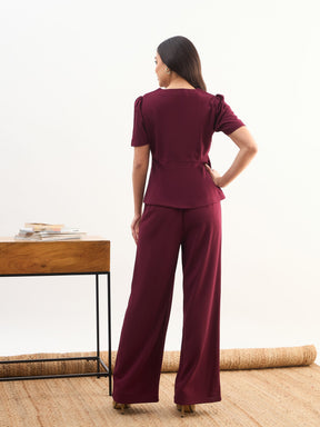 Maroon Front Slit Top With Straight Pants-SASSAFRAS worklyf