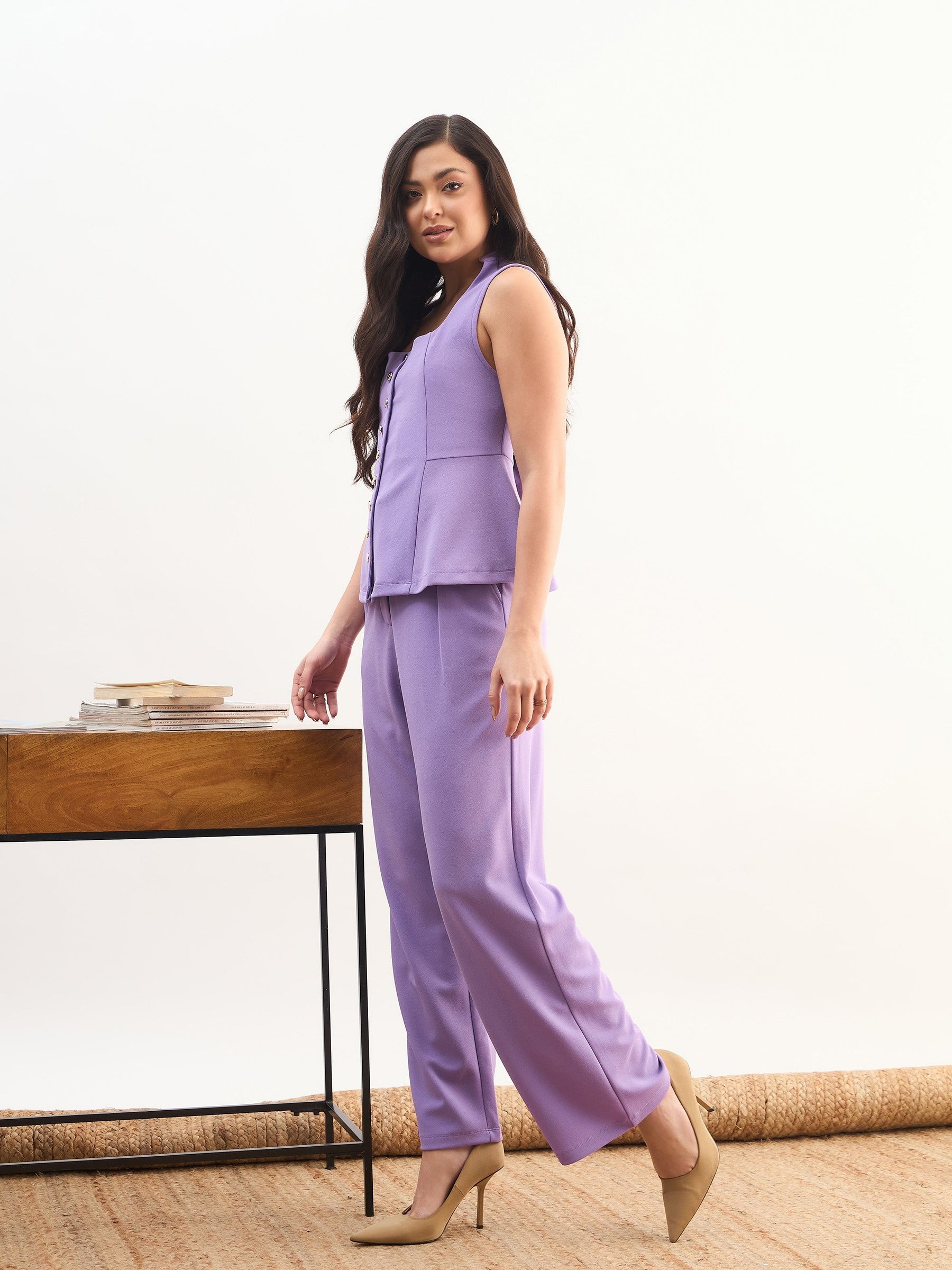 Purple Rhombus Neck Top With Cross Pocket Pants-SASSAFRAS worklyf