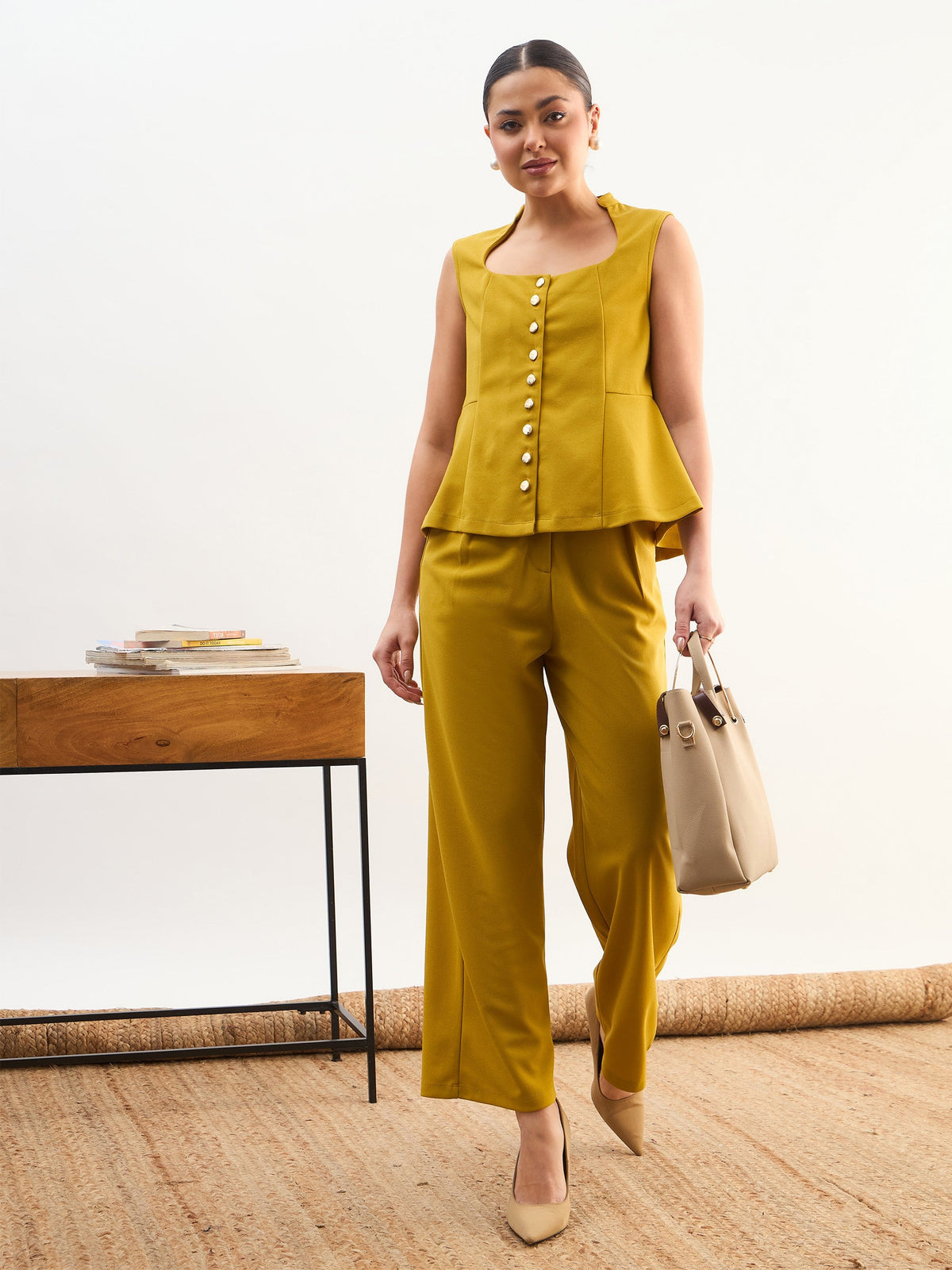 Lemon Rhombus Neck Top With Cross Pocket Pants-SASSAFRAS worklyf