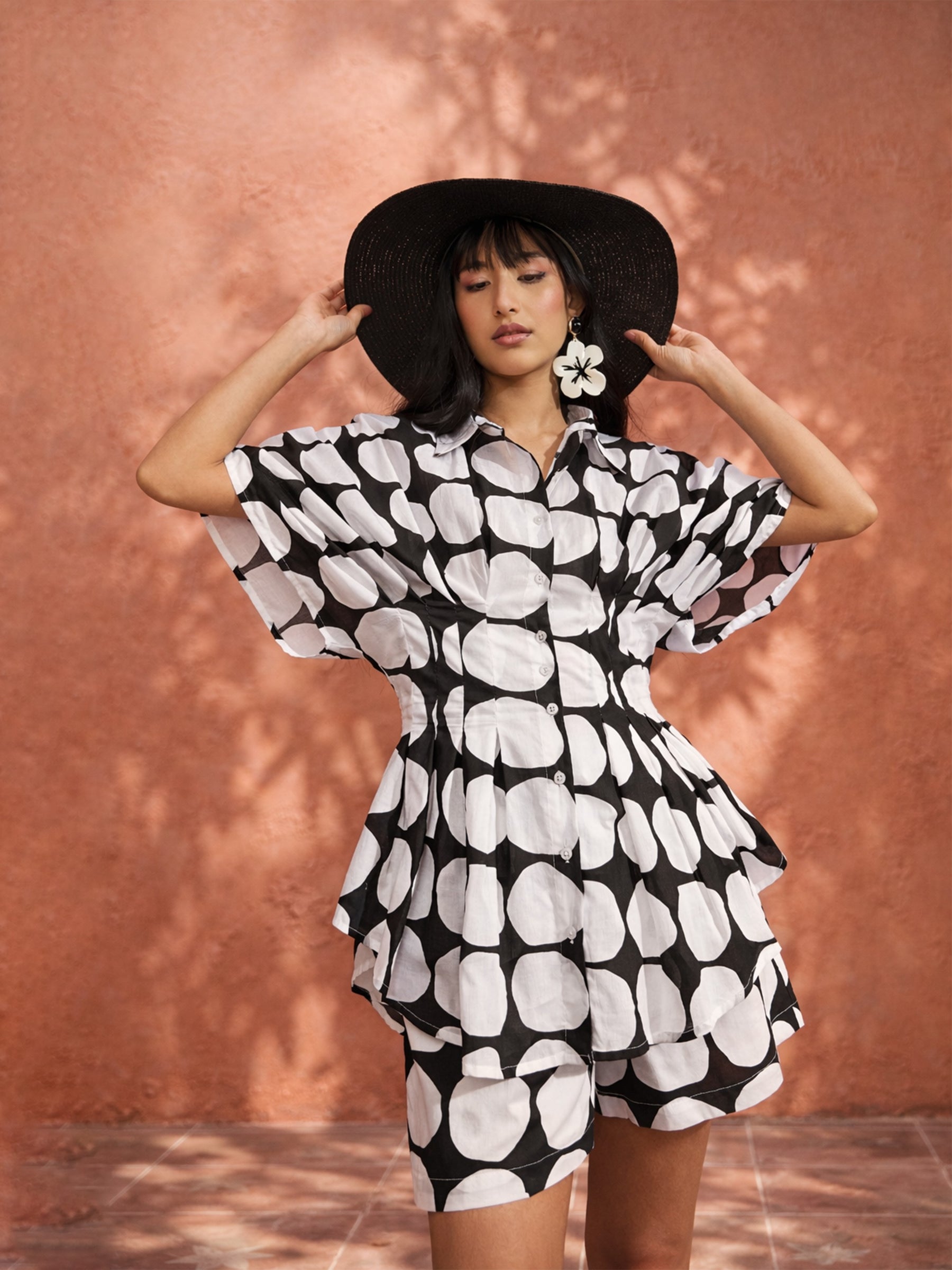 Black Polka Dot Shirt with Shorts-Pink Paprika by SASSAFRAS